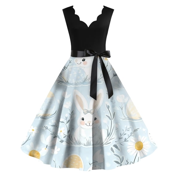 LWavelet Women's Sleeveless Scalloped Neck Fit-and-Flare Dress, Ombre Easter Egg Print with Satin Bow Belt for Holiday & Party Outfits Light Blue XL