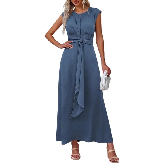 LWavelet Women's Sleeveless Twist Front Tie Waist Textured Maxi Dress for Formal & Evening Wear Navy XL