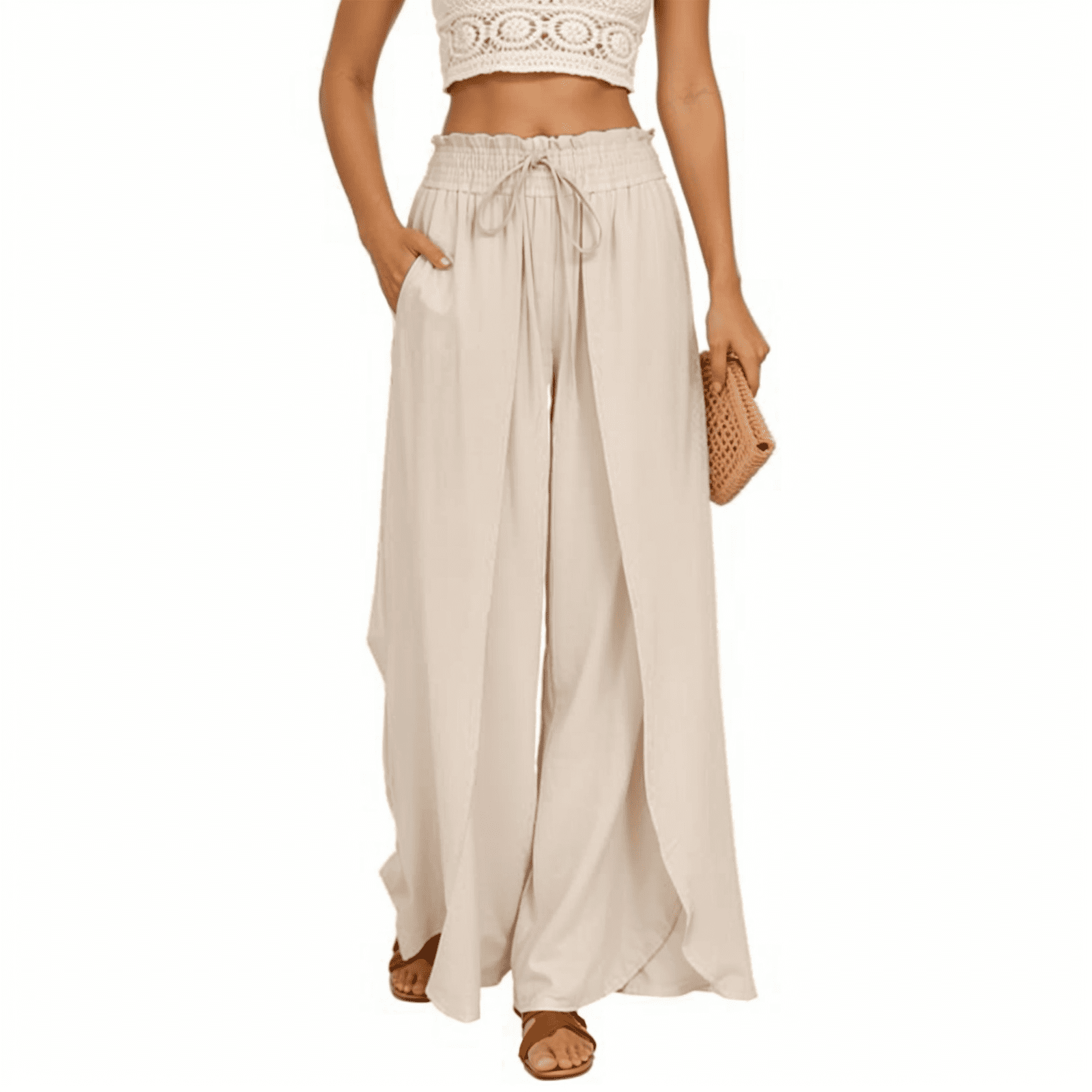 LWavelet Women's Smocked Waist Flowy Wide Leg Pants with Overlay Detail ...