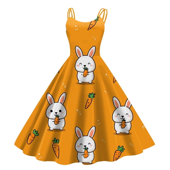 LWavelet Women's Spaghetti Strap Fit-and-Flare Dress, Patchwork Bunny & Carrot Print for Casual & Holiday Wear Orange S