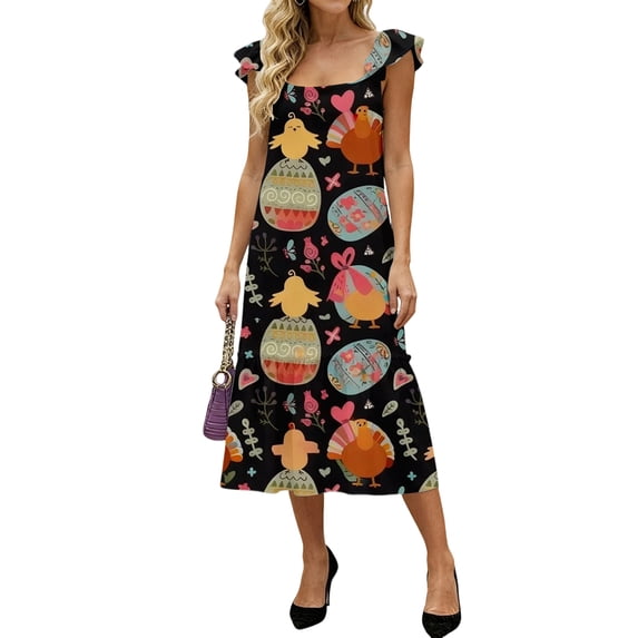 LWavelet Women's Square Neck Ruffle Strap Bunny & Easter Egg Print Tiered Midi Dress for Easter & Casual Wear Black XL