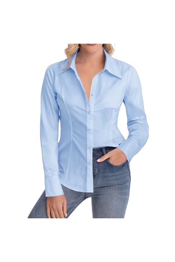 Women's Tailored Waist Fitted Long Sleeve Blouse Button Down Collared Top for Office & Daily Use Sky Blue S