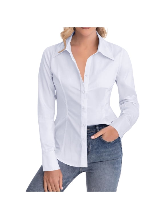 Women's Tailored Waist Fitted Long Sleeve Blouse Button Down Collared Top for Office & Daily Use White 2XL