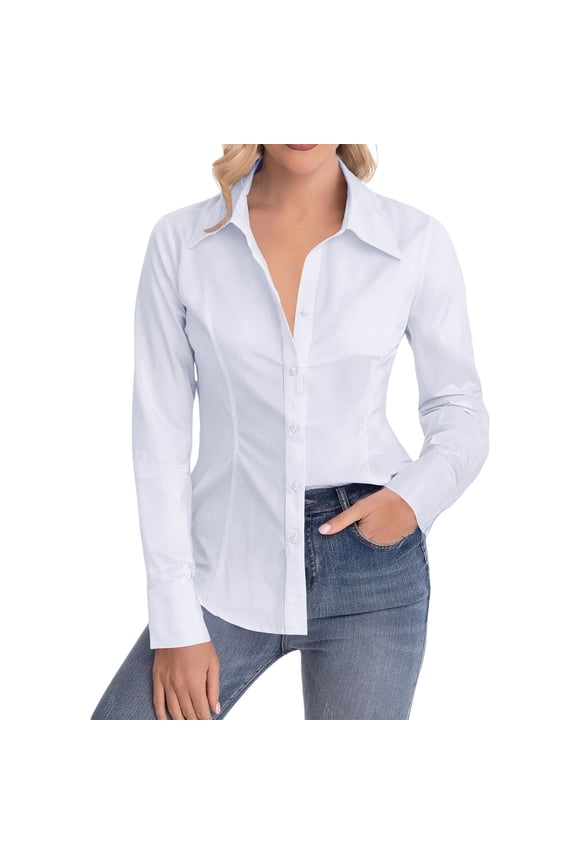 Women's Tailored Waist Fitted Long Sleeve Blouse Button Down Collared Top for Office & Daily Use White 2XL