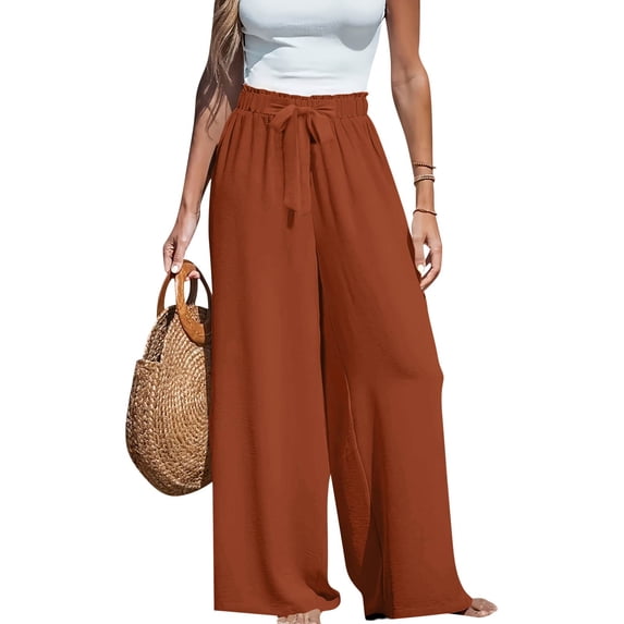 LWavelet Women's Tie Front High Waist Wide Leg Pants with Pockets for Casual & Vacation Wear Light Brown L