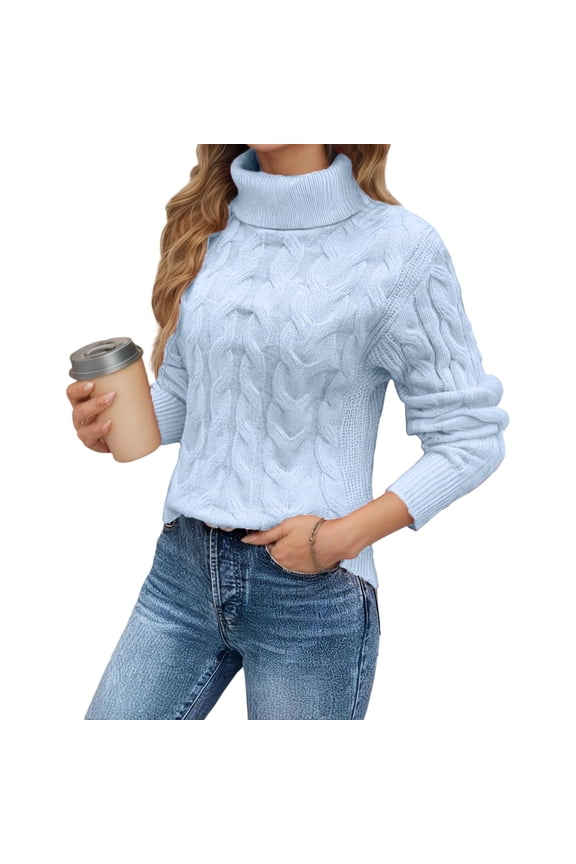 Women's Turtleneck Cable Knit Sweater Comfortable Daily Casual Top Sky Blue S