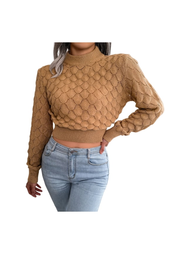 Women's Turtleneck Fish Scale Texture Cropped Knit Sweater Stylish Casual Top Camel S