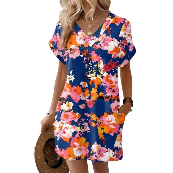 LWavelet Women's V-Neck Roll-Up Cuff Tunic Dress Abstract Floral Print with Pockets for Casual Daily Beach Use Light Blue M