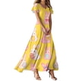 thumbnail image 1 of LWavelet Women's V-Neck Ruffle Sleeve Bunny & Easter Egg Bow Print Maxi Dress for Easter & Casual Outfits Saffron M, 1 of 4