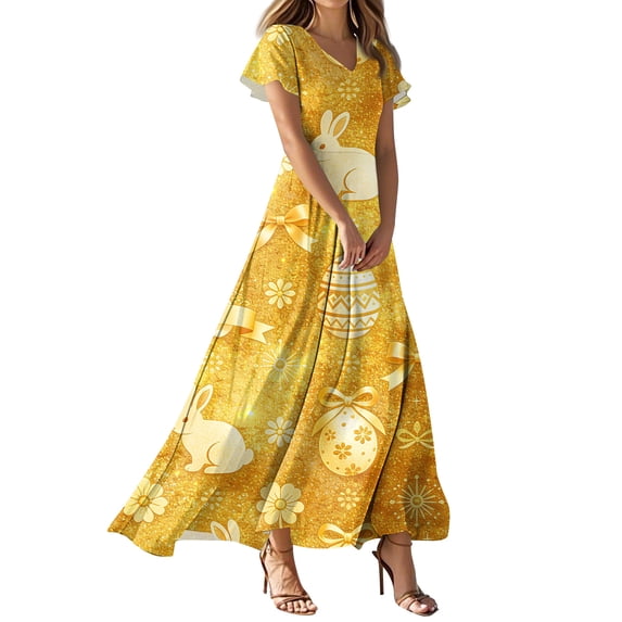 LWavelet Women's V-Neck Ruffle Sleeve Bunny & Easter Egg Print Maxi Dress for Easter & Casual Outfits Orange 2XL