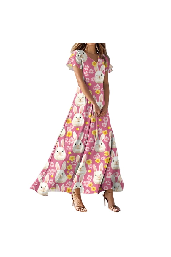 Women's V-Neck Ruffle Sleeve Bunny Print Maxi Dress for Easter & Casual Wear Pink XS