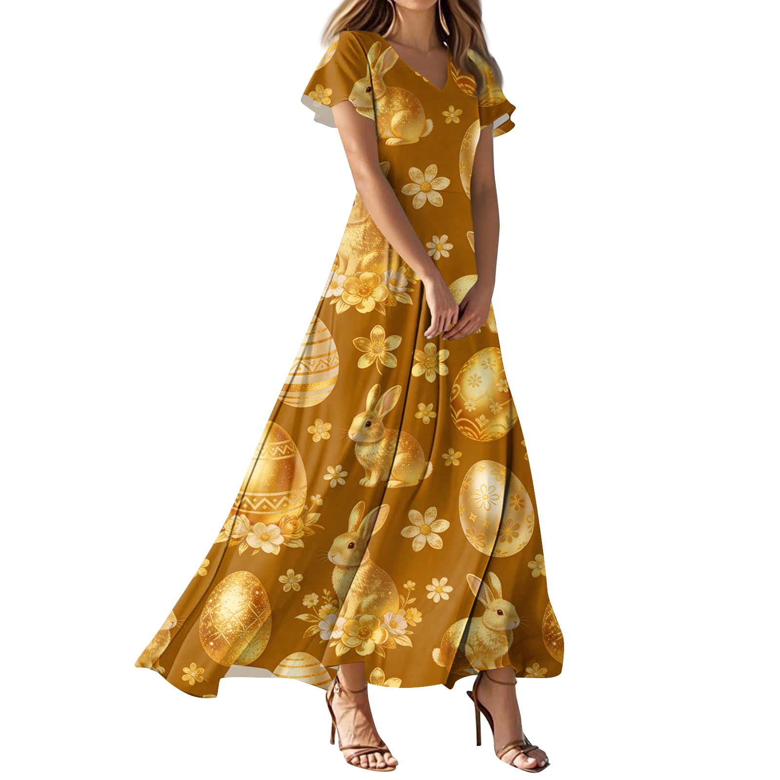 gold easter dress LWavelet Women's V-Neck Ruffle Sleeve Pastel Bunny & Easter Egg Print Maxi  Dress for Easter & Casual Outfits Gold L