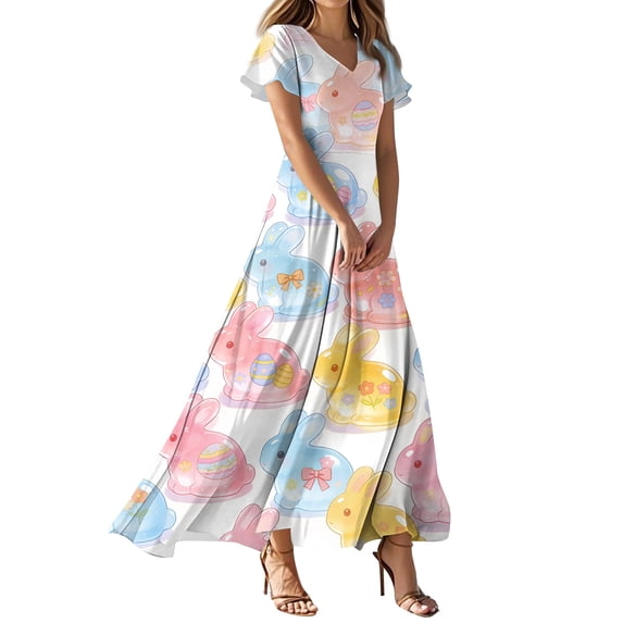 LWavelet Women's V-Neck Ruffle Sleeve Pastel Bunny & Easter Egg Print Maxi Dress for Easter & Casual Outfits Light Blue M