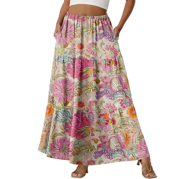 LWavelet Women's Vintage Floral Print Tiered Maxi Skirt, Elastic Waist with Pockets, Boho Spring & Easter Long Skirt Purple Pink 2XL