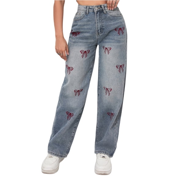 LWavelet Womens Bow Embroidery Wide Leg Jeans High Waisted Daily Casual Denim Pants Blue L