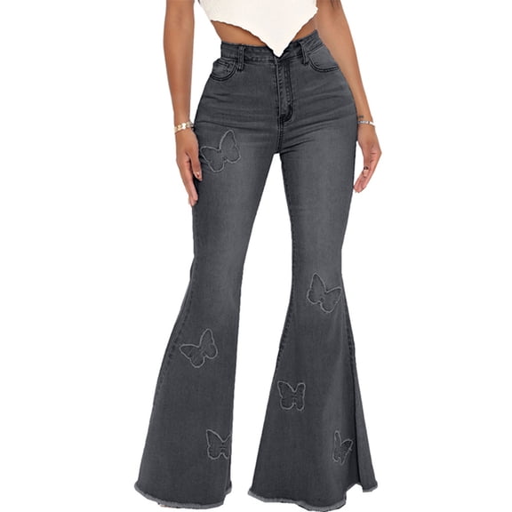 LWavelet Womens Butterfly Embroidery Flared Jeans High Waisted Daily Casual Denim Pants Gray S