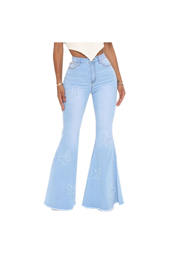 Womens Butterfly Embroidery Flared Jeans High Waisted Daily Casual Denim Pants Light Blue S