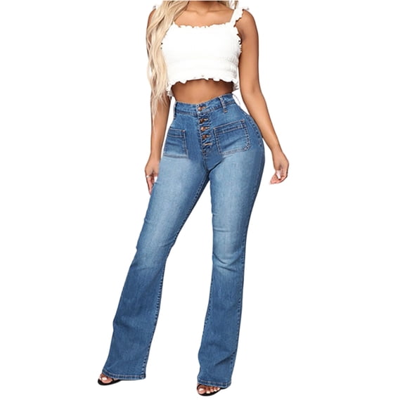 LWavelet Womens Button Front Flared Jeans High Waisted Daily Casual Denim Pants Light Blue M