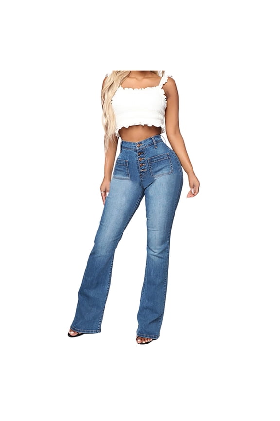 Womens Button Front Flared Jeans High Waisted Daily Casual Denim Pants Light Blue M