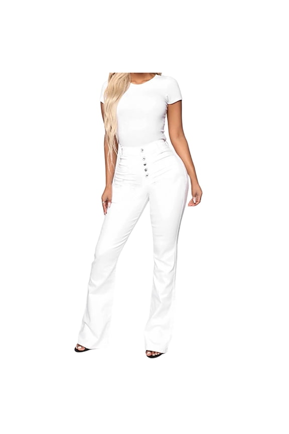 Womens Button Front Flared Jeans High Waisted Daily Casual Denim Pants White M