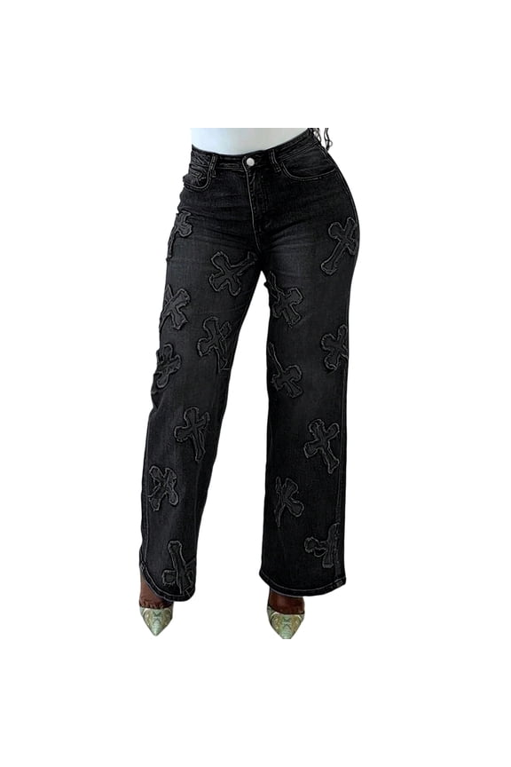 Womens Cross Pattern Wide Leg Jeans High Waisted Daily Casual Denim Pants Black M