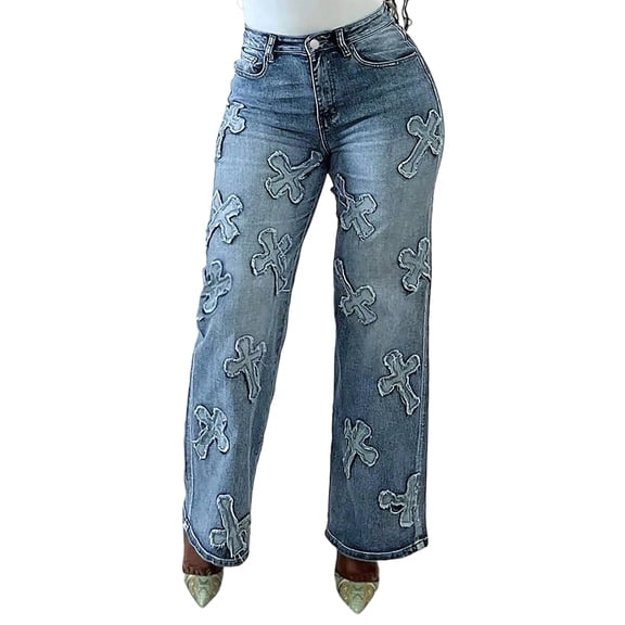 LWavelet Womens Cross Pattern Wide Leg Jeans High Waisted Daily Casual Denim Pants Light Blue L