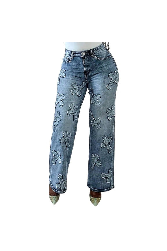 Womens Cross Pattern Wide Leg Jeans High Waisted Daily Casual Denim Pants Light Blue L