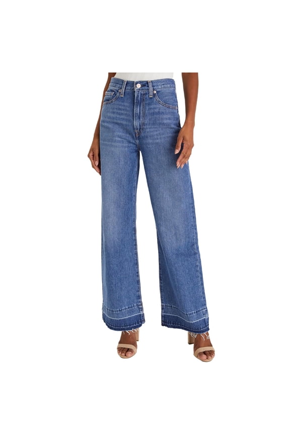 Womens Cuffed Wide Leg Jeans High Waisted Daily Casual Denim Pants Blue S