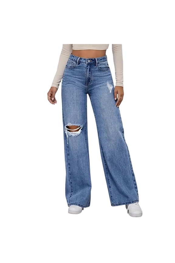 Womens Cutout Ripped Wide Leg Jeans High Waisted Daily Casual Denim Pants Blue S