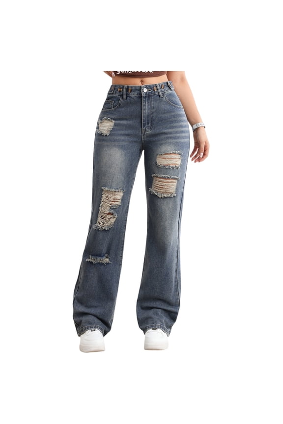 Womens Distressed Ripped Wide Leg Jeans High Waisted Daily Casual Denim Pants Blue XL