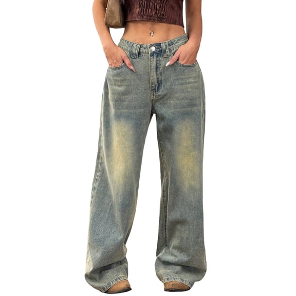 LWavelet Womens Distressed Wide Leg Jeans High Waisted Daily Casual Denim Pants Blue L