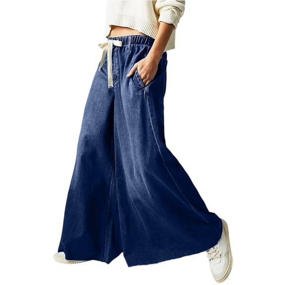 LWavelet Womens Drawstring Waist Wide Leg Jeans Loose Fit Daily Casual Denim Pants Dark Blue M