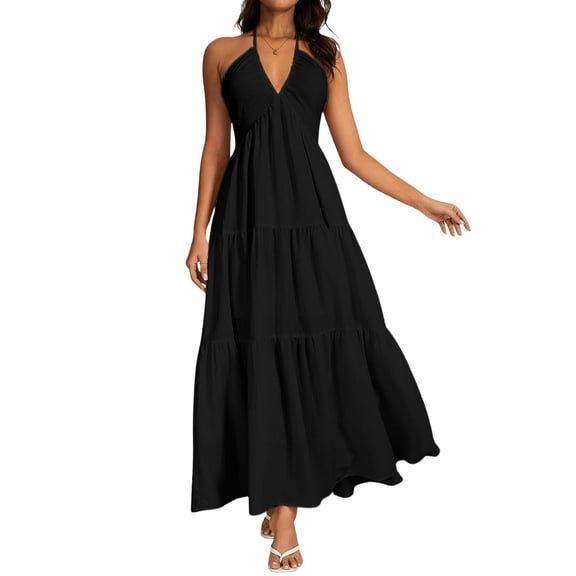 LWavelet Womens Halter V Neck Tiered Maxi Dress Summer Beach Vacation Daily Casual Dress Black S