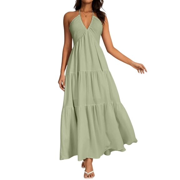 LWavelet Womens Halter V Neck Tiered Maxi Dress Summer Beach Vacation Daily Casual Dress Light Green M
