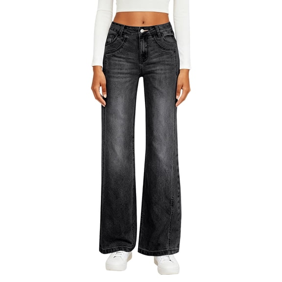 LWavelet Womens High Waisted Flared Jeans Daily Casual Denim Pants Black S