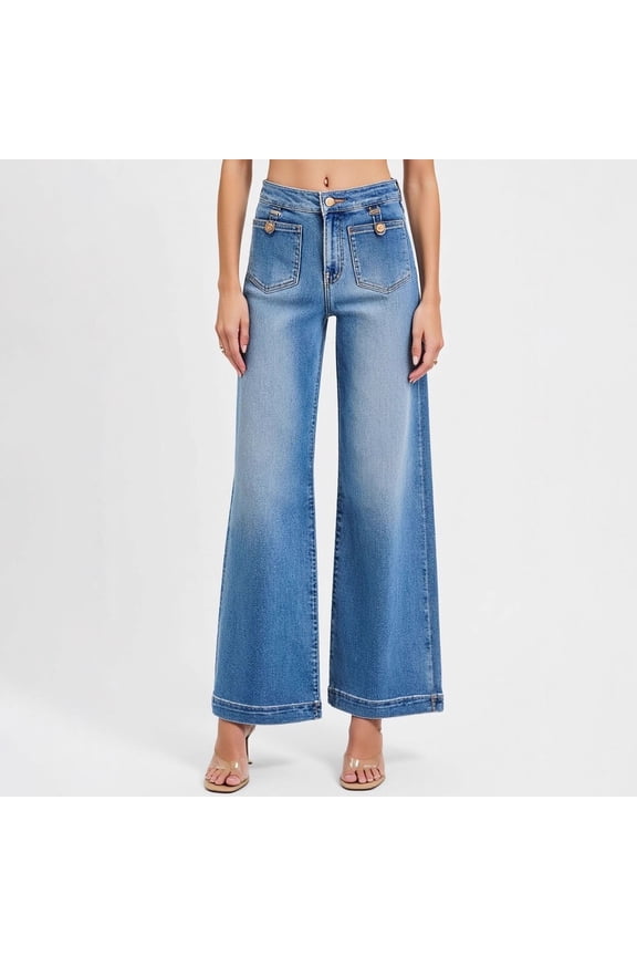 Womens High Waisted Wide Leg Cuffed Jeans Daily Casual Denim Pants Blue S