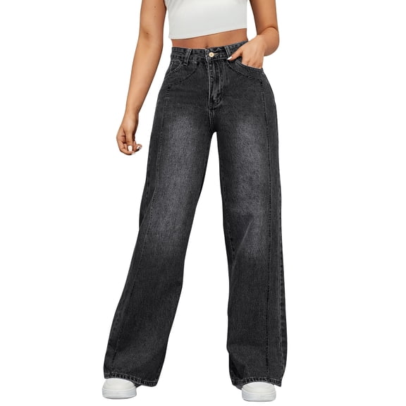 LWavelet Womens High Waisted Wide Leg Jeans Daily Casual Denim Pants Black M