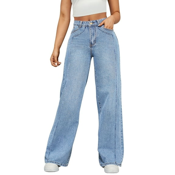 LWavelet Womens High Waisted Wide Leg Jeans Daily Casual Denim Pants Light Blue S