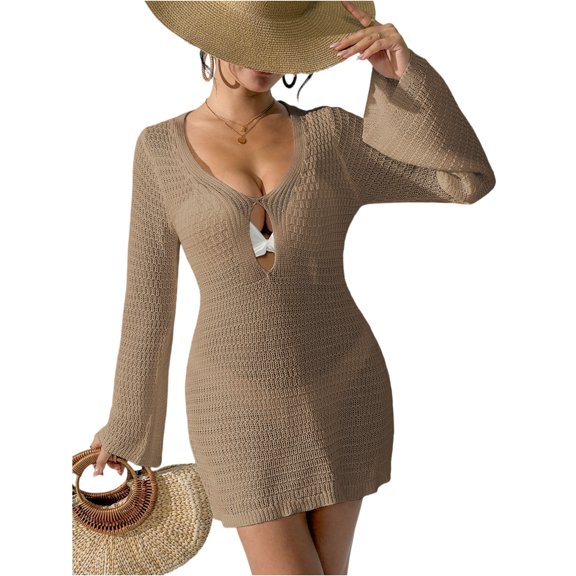 LWavelet Womens Long Sleeve Knit Cutout Bodycon Mini Dress Party Evening Dress Brown S