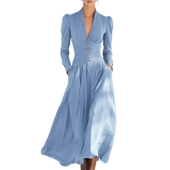 LWavelet Womens Long Sleeve V Neck Button Front Maxi Dress Belted Waist Pocket Formal Daily Dress Sky Blue S
