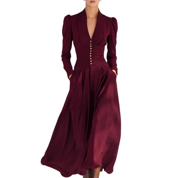 LWavelet Womens Long Sleeve V Neck Button Front Maxi Dress Belted Waist Pocket Formal Daily Dress Wine L