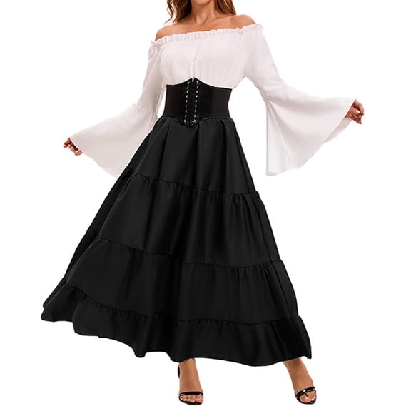 LWavelet Womens Off Shoulder Bell Sleeve Tiered Maxi Dress Lace Up Corset Formal Daily Dress Black M