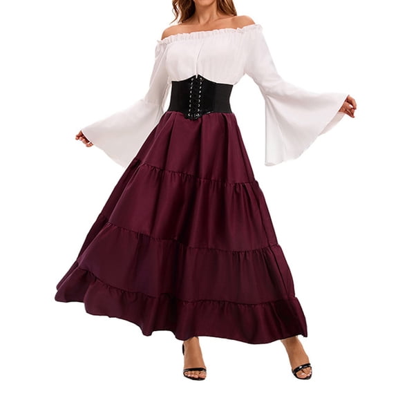 LWavelet Womens Off Shoulder Bell Sleeve Tiered Maxi Dress Lace Up Corset Formal Daily Dress Wine M