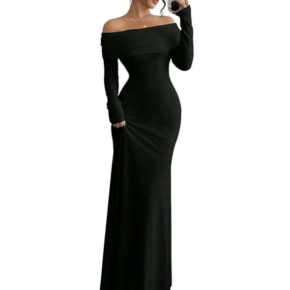 LWavelet Womens Off Shoulder Long Sleeve Bodycon Maxi Dress Evening Formal Party Dress Black XL
