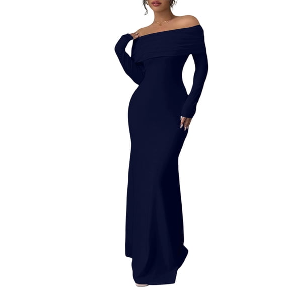 LWavelet Womens Off Shoulder Long Sleeve Bodycon Maxi Dress Evening Formal Party Dress Navy M