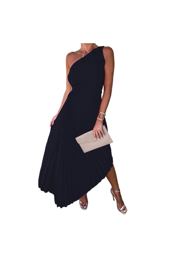 Womens One Shoulder Pleated Split Hem Midi Dress Formal Party Evening Dress Black XL