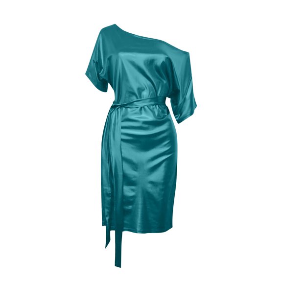 LWavelet Womens One Shoulder Short Sleeve Belted Waist Midi Dress Party Daily Casual Dress Blue S