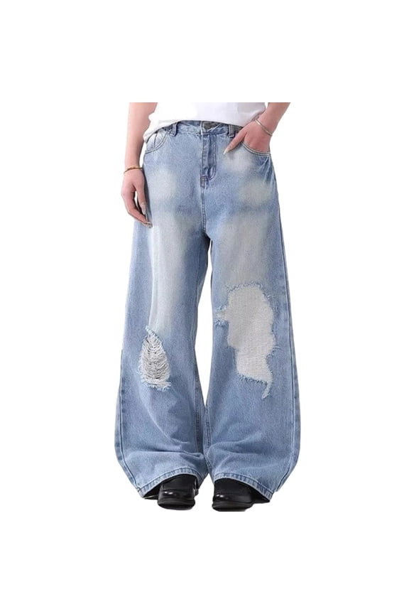 Womens Oversized Ripped Wide Leg Jeans High Waisted Daily Casual Denim Pants Blue S