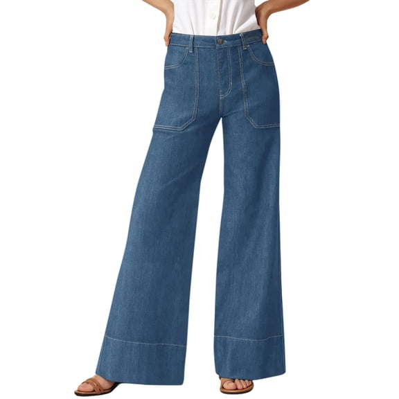 LWavelet Womens Paneled Wide Leg Jeans High Waisted Daily Casual Denim Pants Blue L