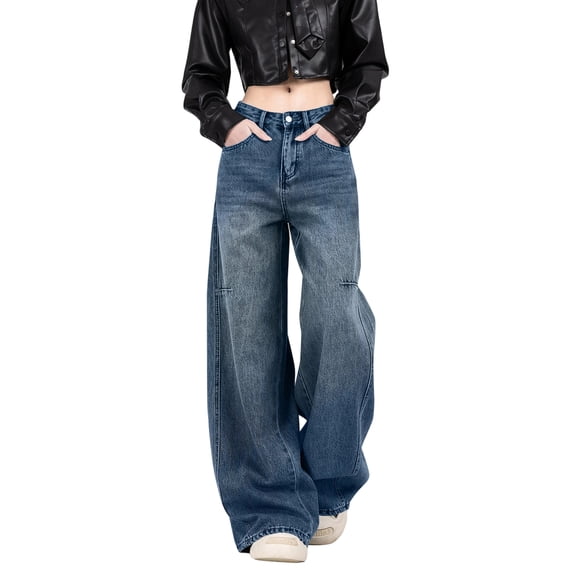LWavelet Womens Paneled Wide Leg Jeans High Waisted Daily Casual Denim Pants Dark Blue L
